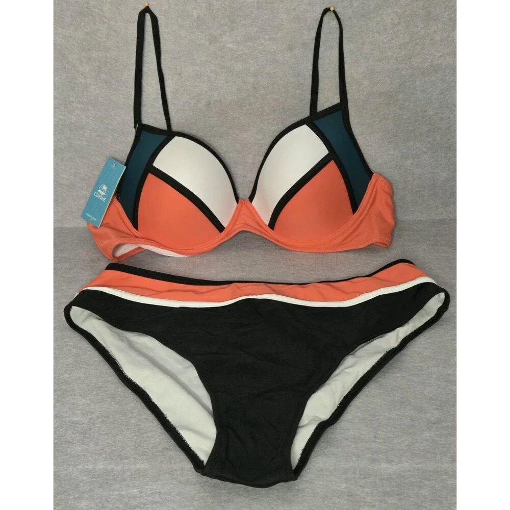 CUPSHE Colorblock Bikini Swim Set Sz XL Womens Coral Blk Green Padded Two Pc NWT